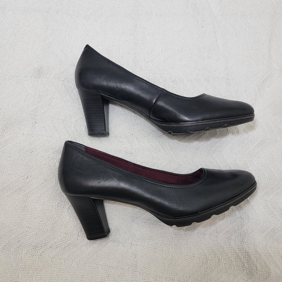 Tamaris Black Leather Round Toe Block 3" Heel Pumps Touch It Footbed EU 42 US 10 - Picture 12 of 15
